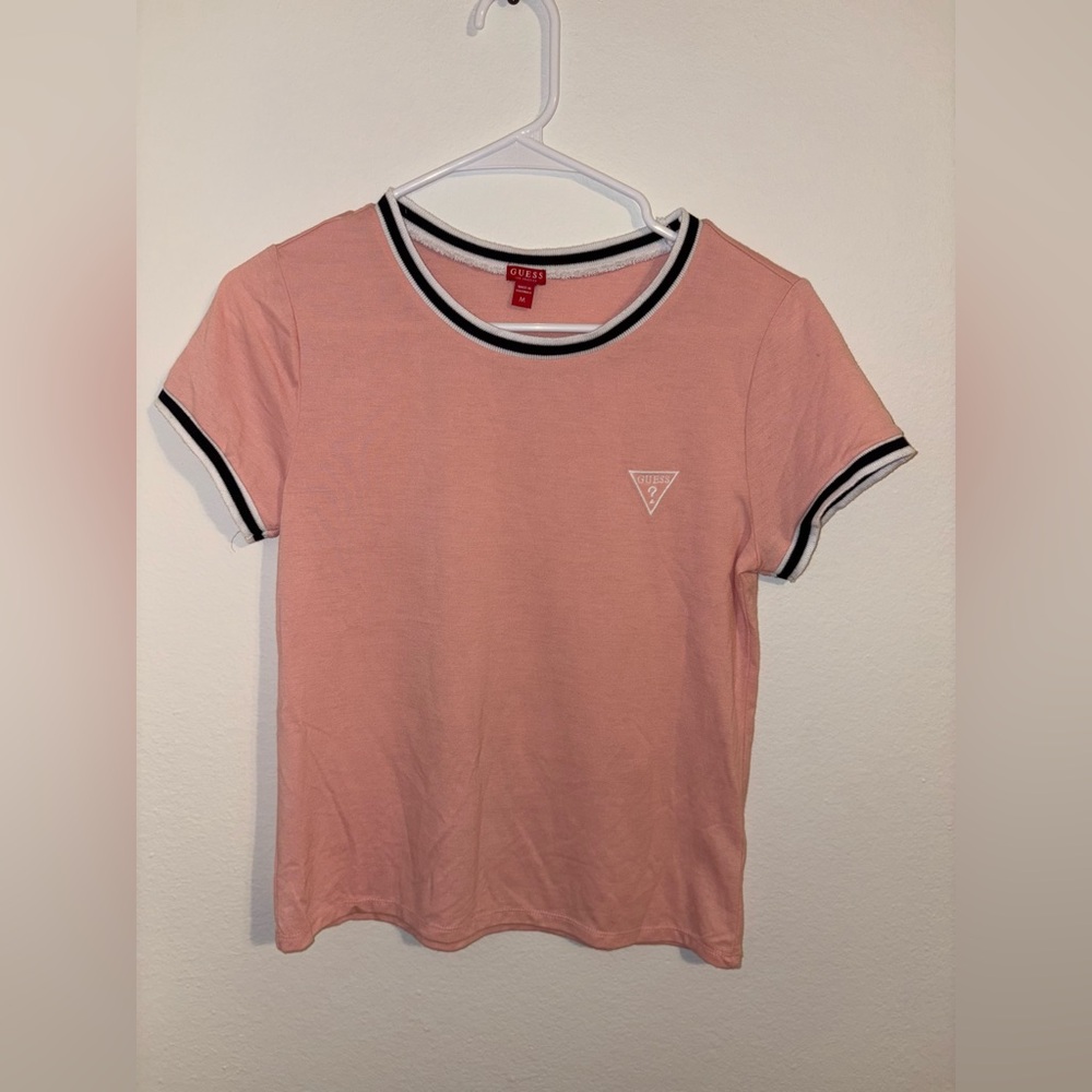 -SOLD-GUESS Pink Tee with Black & White Contrast Trim
